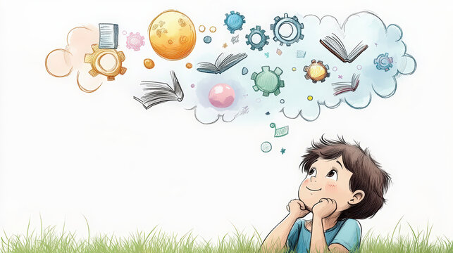 A child imagines creatively, visualizing gears, books, and planets, inspiring learning and innovation through imaginative thinking and exploration.