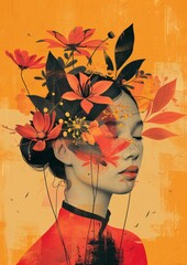 A Beautiful Portrait of a Woman Surrounded by Colorful Blossoms and Vibrant Floral Elements in an Artistic Style