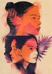 Artistic Portraits of Multicultural Women with Vibrant Colors and Abstract Elements in Modern Illustration Style