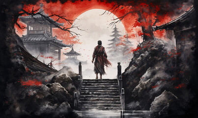 Samurai leaves the castle fortress down the stairs. Japan traditional sumi-e painting. Ink painting.