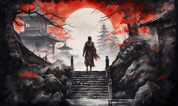 Samurai leaves the castle fortress down the stairs. Japan traditional sumi-e painting. Ink painting.
