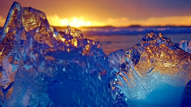 Sunset glow on ice sculptures at sea shore captured in dynamic temporal sequence