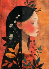Artistic Illustration of a Young Woman Surrounded by Vibrant Nature Elements and Warm Colors