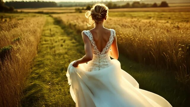 Running bride on a field at summer sunset