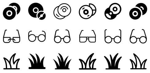 "Eclectic Essentials Icons: CD/DVD Disk, Glasses, and Grass Vector Set"