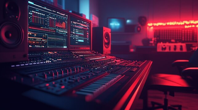 Professional audio recording studio with mixing console