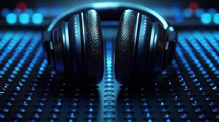 Obraz premium Professional headphones on a glowing sound grid in a dark studio