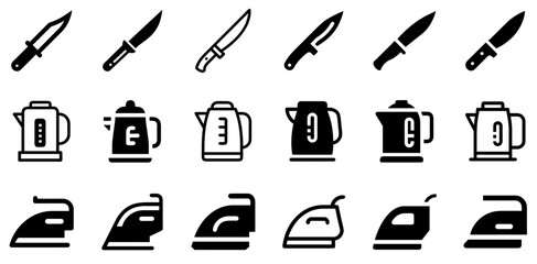 "Essential Kitchen and Outdoor Icons: Hunting Knife, Electric Kettle, and Iron Vector Set"