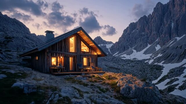 Cozy mountain cabin at twilight with glowing windows and majestic peaks in background