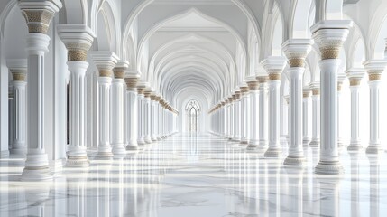 Elegant White Interior with Arched Columns and Reflective Floor