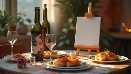 Fototapeta premium A vibrant dinner scene with an artistic twist featuring an exquisite table setting, paint-your-own wine, edible art creations, a small easel with a blank canv, ultra detailed, 8k resolution, HD