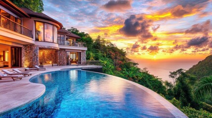 Obraz premium Luxury Cliffside Villa with Infinity Pool at Sunset.