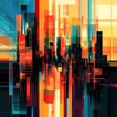 Obraz premium Abstract Cityscape; vibrant, dynamic urban scene; colorful, modern architectural style; possible use as a wallpaper or background image
