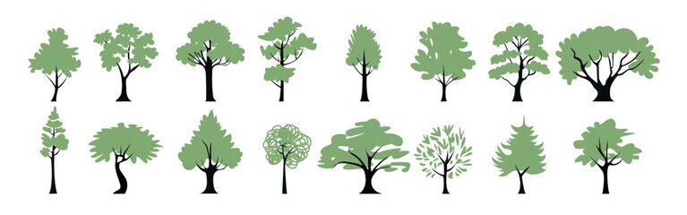 Obraz premium Set of green tree silhouettes. Vector hand-drawn illustrations featuring various tree shapes, isolated on a white background.