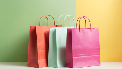 Colorful pastel-toned paper shopping bags on a minimalist background, ideal for shopping, packaging, or branding design. Vibrant colors enhance the mood and aesthetic, e-commerce, eco-friendly retail