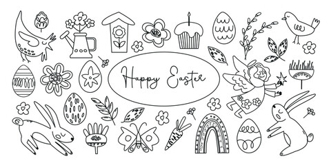 Cute Easter doodle set. Easter bunny, eggs, chicken,  carrots, branches, butterflies, flowers in sketch style. Vector illustration isolated on white background. 
