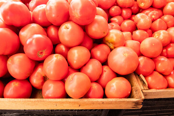 market with fresh tomatoes, fruits and vegetables at the farmer's market