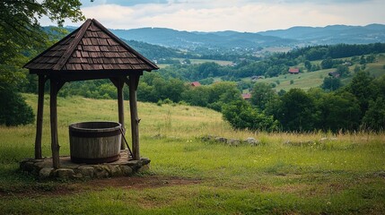 Wooden Well Structure Overlooks Scenic Mountain Valley