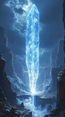 Fantasy landscape with massive glowing crystalline monolith towering into the sky, shimmering and translucent textures, soft clouds, epic and surreal atmosphere
