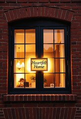 Obraz premium Heartfelt Home Lit Sign on Brick Building with Window Reflections