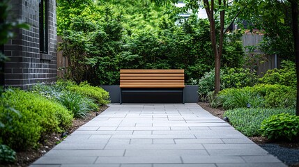 Wooden Bench in a Serene Garden Pathway