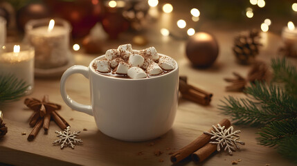 Cozy winter evening with hot chocolate, marshmallows, and festive decor