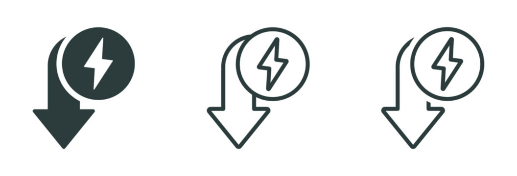 Energy reduction icons. Energy decrease illustrations