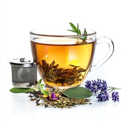 Fototapeta premium Brewed to Perfection: A Clear Glass Teacup Filled with Dark Herbal Tea, Featuring Tea Leaves at the Bottom and Fresh Green Leaves Beside It on a White Background - A Simple and Natural Still Life
