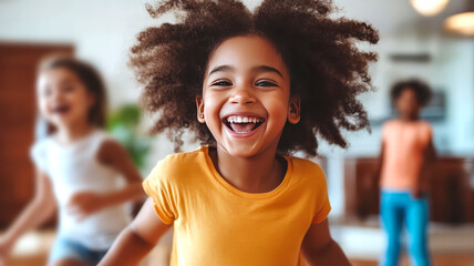 A young girl with curly hair is smiling and wearing a yellow shirt