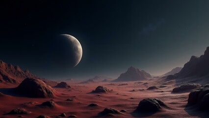   Seamless texture of a distant planet's surface with a thin atmosphere and a star-filled sky. The highly detailed rock formations and atmospheric haze create a, ultra detailed, 8k resolution, HD