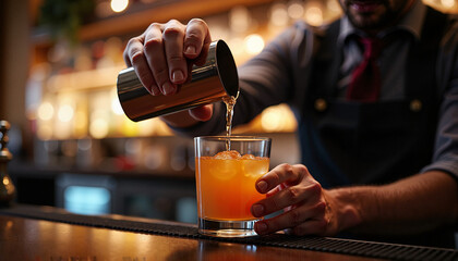 bartender in a focused mood pouring cocktail into glass with ice on bar counter