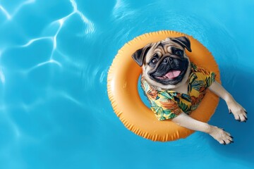 A pug wearing a Hawaiian shirt floats in a bright blue pool on an inflatable ring, smiling happily at the camera.