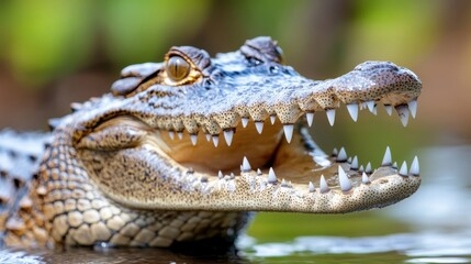 Obraz premium Young crocodile with open jaws, showing sharp teeth, in the water.