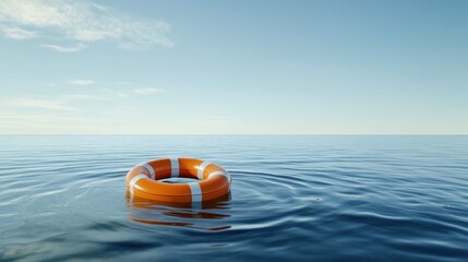 Orange lifebuoy floats on a calm, vast blue ocean under a clear sky, providing a sense of hope and rescue.