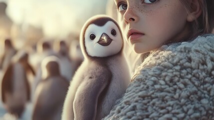 Close bond between a girl and a baby penguin in a snowy landscape
