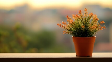 Potted plant with orange flowers on a balcony at sunset