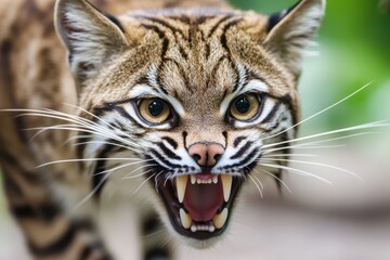 Obraz premium Close-up of an ocelot snarling, showing its sharp teeth and intense gaze.