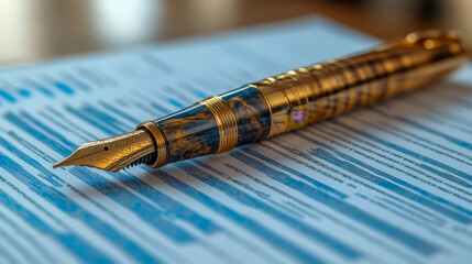 Fountain pen placed on a financial report reflecting the importance of careful investment decisions and strategic planning