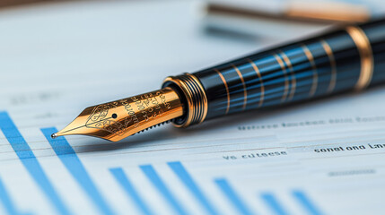 Fountain pen placed on a financial report reflecting the importance of careful investment decisions and strategic planning