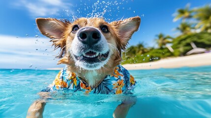 Happy dog swimming in the ocean, wearing a floral shirt, splashing water joyfully.