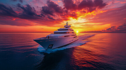 Luxury yacht gliding across calm waters during a stunning sunset with vibrant skies and distant mountains on the horizon