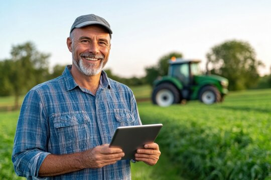 Smiling farmer holding tablet, with tractor in background on a field.