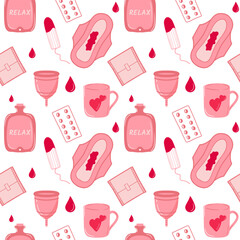 Menstrual Care Seamless Pattern: Feminine Health, Comfort, and Period Awareness. Menstrual Cup, Pad, Heating Pad, Pain Reliever