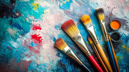 Fototapeta premium Colorful paint set with various brushes positioned on a vibrant canvas filled with abstract brush strokes and rich textures