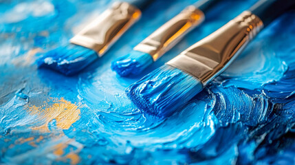 Obraz premium Colorful paint set with various brushes positioned on a vibrant canvas filled with abstract brush strokes and rich textures