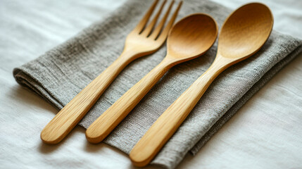 Eco-friendly cutlery set arranged on a linen napkin for sustainable dining experience at home