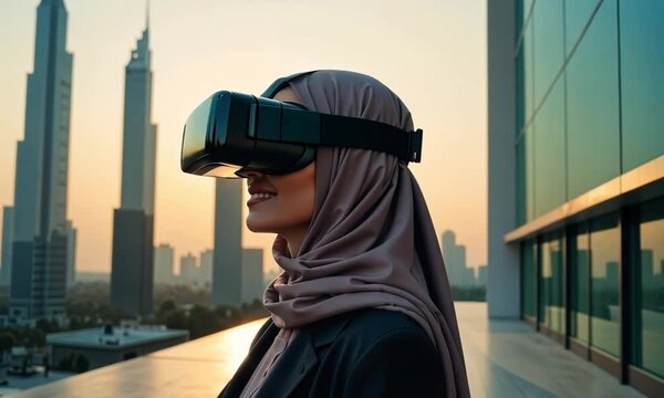 Arab woman in hijab looking at viar glasses with modern city at sunset background