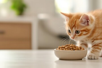 Curious orange kitten exploring bowl of cat food on white kitchen counter