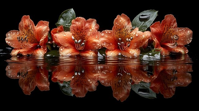 Orangefarbene Bl&uuml;ten mit Wassertropfen und Spiegelung auf schwarzem Grund
