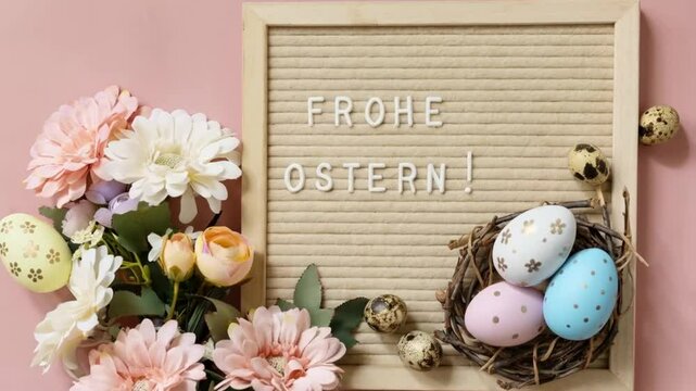 Easter greetings with floral frame and colorful eggs springtime decor